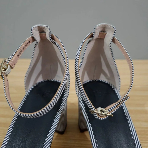 J Crew Sandal Cross Strap Block Heel Blue White Stripe Shoe Womens Size 7 - Picture 9 of 13